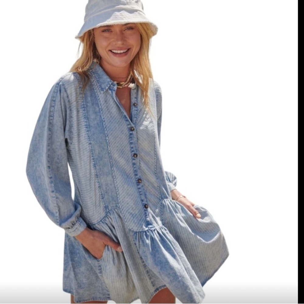 PROMESA Crossing Paths Cotton Ruffled Babydoll Denim Shirt Dress Size Small